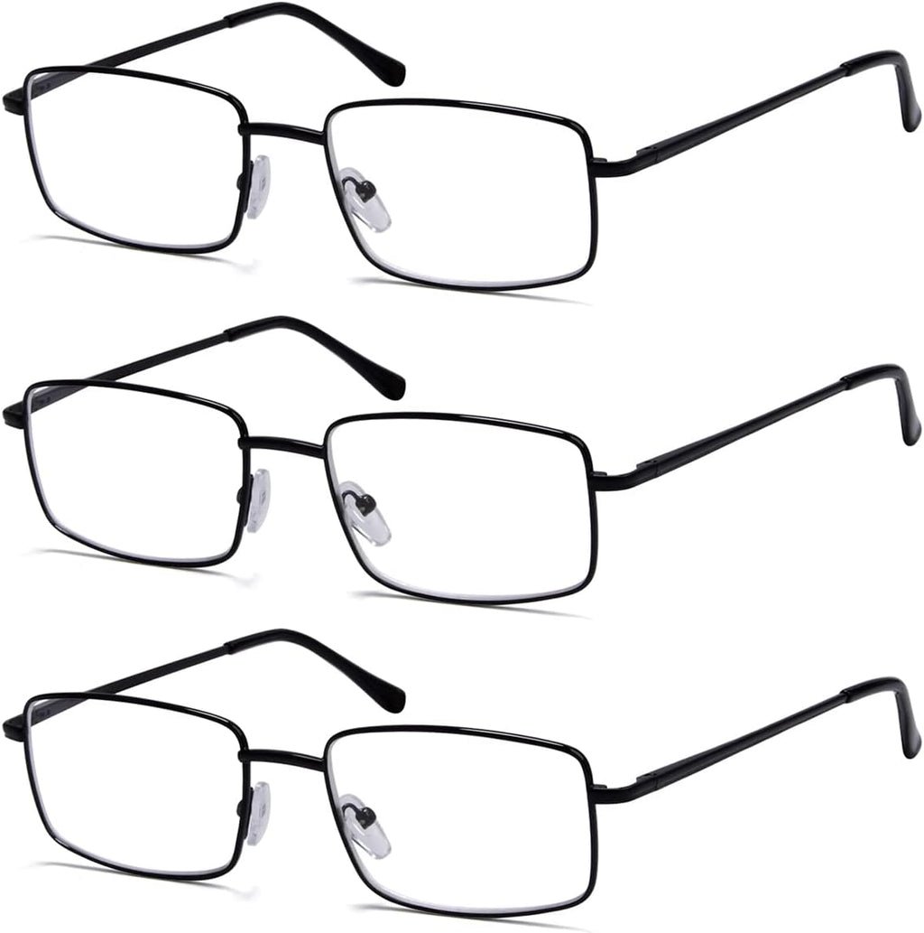 Eyekepper 3-pack Readers Rectangular Spring Temple Large Metal Reading Glasses Men Black +3.0