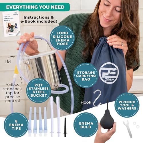 Premium Enema Stainless Steel Enema Kit for Colon Cleanse - 2 Quart Bucket with 6.75 Foot Hose, 7 Tips for Men and Women