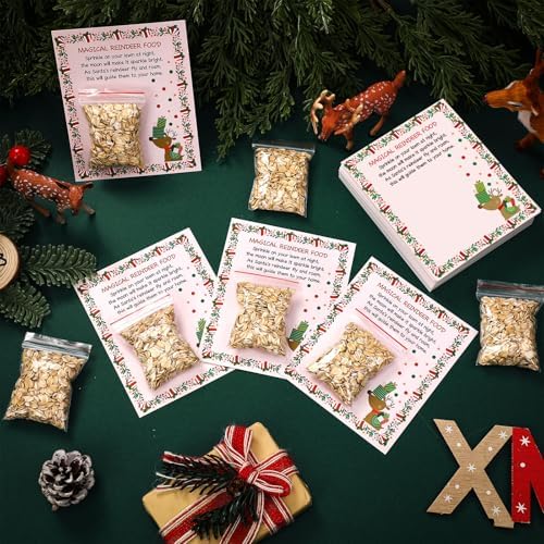 Epakh 100 Set Magic Reindeer Food Christmas Eve Present Reindeer Food Plastic Bag with Tag and Red Ribbon Mas Eve Tradition Gift Christmas Party Favor