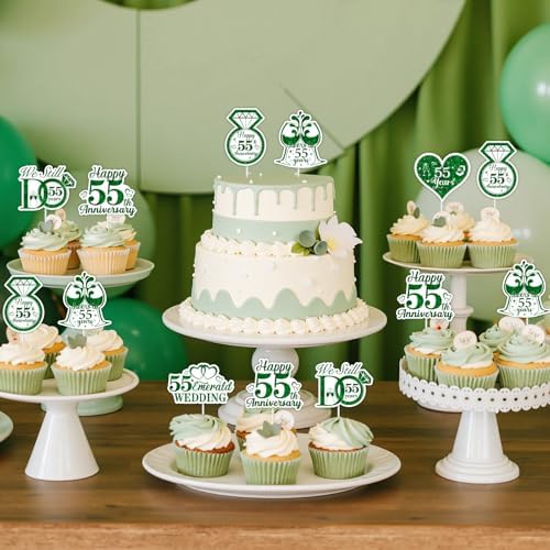 36pcs Happy 55th Anniversary Cupcake Toppers 55th Wedding Anniversary Decorations Emerald Glitter Heart Ring Cupcake Picks for Men Women Wedding Anniversary Party Cake Decorations Supplies