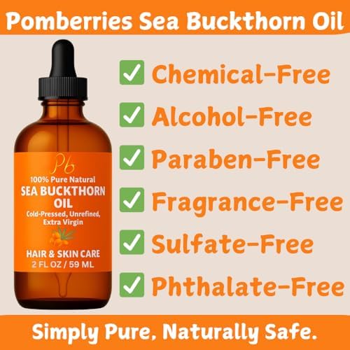 Pomberries Sea Buckthorn Oil – 100% Pure Cold-Pressed from Fruit & Seed – Sea Buckthorn Seed Oil for Face, Hair, Skin & Nails – Supports Radiant, Youthful-Looking Skin – Amber Glass Bottle 2 fl oz