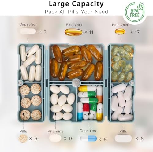 FYY Daily Pill Organizer, 7 Compartments Portable Travel Pill Case, [Folding Design] for Purse Pocket to Hold Vitamins,Cod Liver Oil,Supplements and Medication-Blue