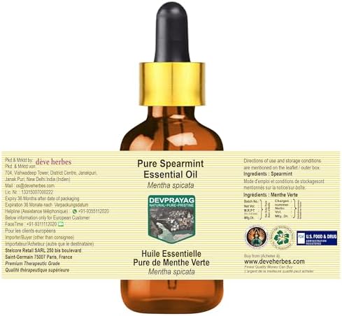 Pure Spearmint Essential Oil (Mentha spicata) with Glass Dropper Steam Distilled 5ml (0.16 oz)