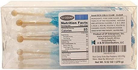 Extra Large Rock Candy Sticks: 12 Blue Rock Candy Sticks - Blue Raspberry - Individually Wrapped for Weddings, Bridal Showers, Candy Buffet, Party Favors, Old Fashioned Espeez Bulk Candy on a Stick