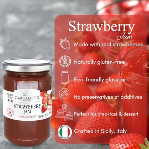 Campo D'Oro Sicilian Strawberry Jam – Italian Marmalade – 100% Real Fruit – No Additives – Strawberry Preserve made from Italian Fruit– 12 oz (340g)