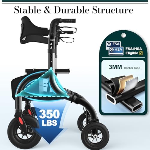 Walkers for Seniors, Rollator Walker with Seat and Backrest, 10" Big Wheels All Terrain, Rolling Walker Foldable Supports 350lb, Lightweight & Height Adjustable, Cane & Cup Holder, Black