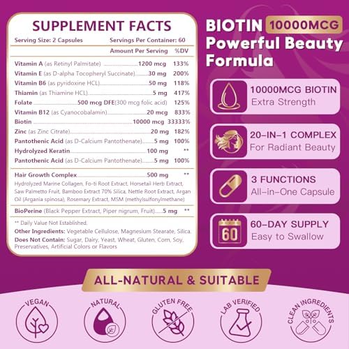 NATURE TARGET Biotin 10000mcg Hair Growth Vitamins – Maximum Strength Hair Growth Supplement with Collagen, Keratin, Fo-Ti, MSM, Zinc & B Vitamins for Thicker, Stronger Hair, Skin & Nails