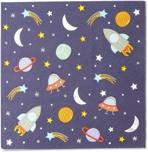 BLUE PANDA Rocket Ship Space Napkins - 5 x 5 in, 50-Count, 3-Ply Blue - Outer Space Party & Birthday Decorations - Kids Party Napkins