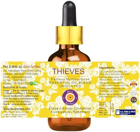 Deve Herbes Thieves Multipurpose Undiluted Essential Oil Blend 100ml (3.38 oz) with Pre-Diluted Ready-to-Use Roll-on 10ml (0.33 oz)