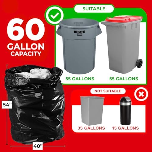 ToughBag 55-60 Gallon Heavy Duty Trash Bags - 150 Count, Large Black Garbage Bags - Made in USA