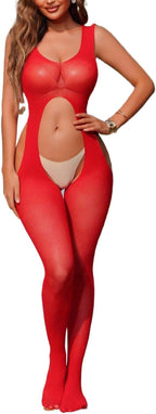 Women Sexy Bodystocking Suspenders Sheer Lingerie Garter Cutout Bodysuit Scoop Neck One Piece Hollow-Out Tights