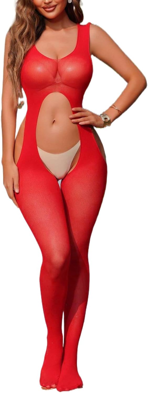 Women Sexy Bodystocking Suspenders Sheer Lingerie Garter Cutout Bodysuit Scoop Neck One Piece Hollow-Out Tights