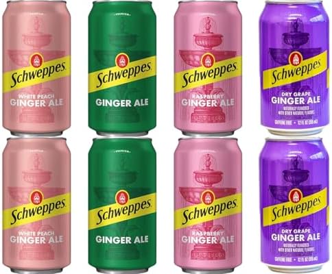 Schweppes Ginger Ale Variety Pack, 4 Flavor White Peach, Regular, Raspberry, Dry Grape, 12 fl oz cans