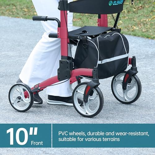 ELENKER Upright Rollator Walker, Stand Up Rolling Walker, Mobility Walking Aid with 10” Front Wheels, Seat and Armrest for Seniors and Adults, Red