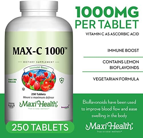 Maxi Health 1000 mg Vitamin C - 1000mg Tablets Ultra High Absorption Formula - Gluten Free Kosher Dietary Non GMO Supplement for Immune Support - Vitamin C Tablets from Ascorbic Acid, (250 Count)
