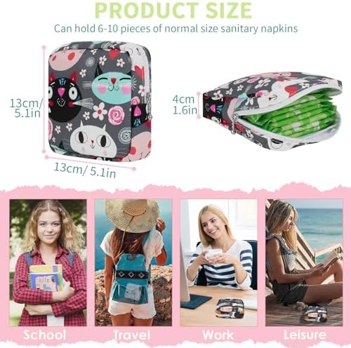 Sanitary Pad Storage Bag Portable Period Bag for Teen Pads/Sanitary Napkins/Small Tampons, Sanitary Napkin Storage Bag First Period Gifts for Teen Girls (Black-White Cats)