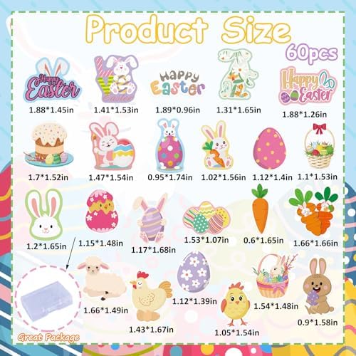 60PCS Edible Happy Easter Cupcake Toppers Wafer Paper Bunny Easter Eggs Cupcake Picks Edible Bunny Cupcake Decors for Easter Theme Baby Shower Birthday Easter Party Supplies