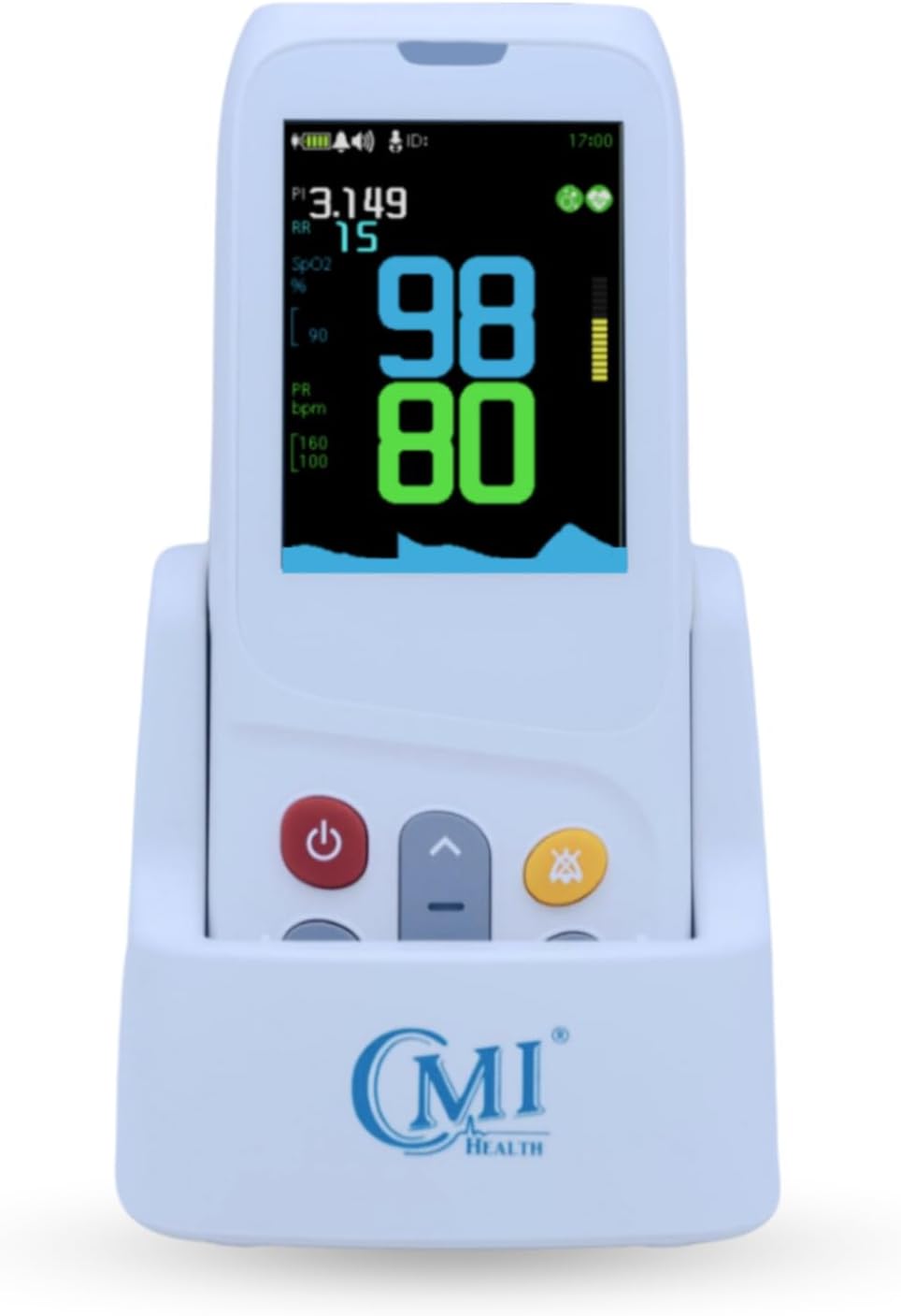 CMI Health CH-100 Handheld Pulse Oximeter - Measures Oxygen Level, Pulse Rate & Respiration Rate - Adjustable Audio & Visual Alarm - 1440 Hours of Continuous Data Storage