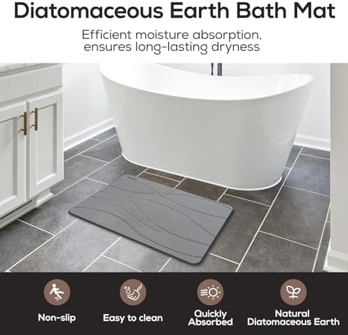 Natural Stone Bath Mat, Absorbent and Quick Dry, Diatomite Non-Slip Bathroom Rugs, Easy to Clean, Rugs for Bathroom Kitchen Living Room Doormat, Home Decor Accessories, 15.3″x23.6″, Dark Gray