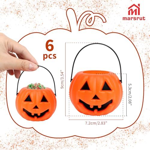 6Pcs Pumpkin Candy Bucket, 2.1"x2.8'', Small Mini Jack O Lantern Pail Plastic Basket w Handle & Devil Smile, Orange Pale Mudpie Ghost Holder for Guest Candy Treat, Birthday Party Favor, Planter Pot