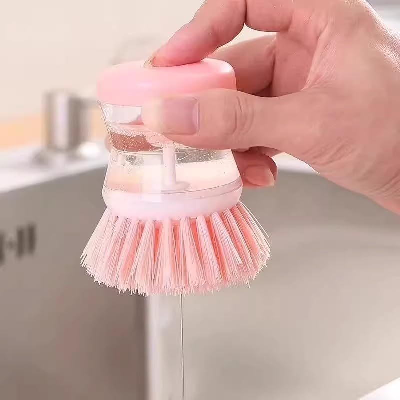 2Pcs Kitchen Dishwashing Brushes with Liquid Soap Dispenser Household Pot Bowl Cleaning Scrubber Washing Accessories (pink-2pcs)