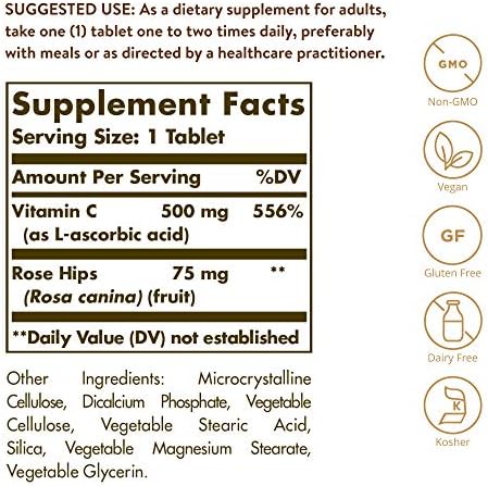 Solgar Vitamin C 500 mg with Rose Hips, 250 Tablets - Antioxidant & Immune Support - Overall Health - Supports Healthy Skin & Joints - Non GMO, Vegan, Gluten Free, Dairy Free, Kosher - 250 Servings