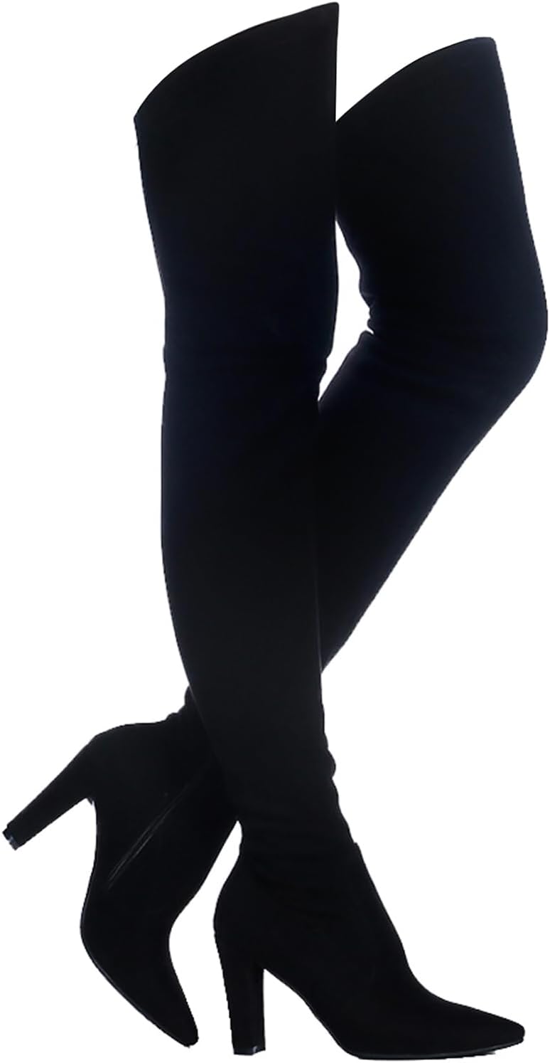 Shoe'N Tale Women Stretch Suede Chunky Heel Over The Knee Boots Thigh High for Women