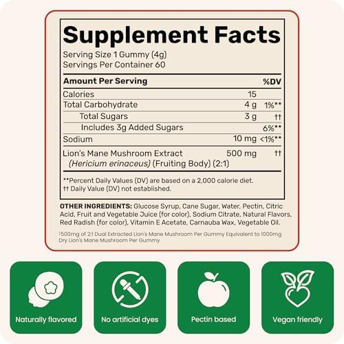 Fungies Lion's Mane Mushroom Gummies, Mixed Blueberry & Strawberry Flavor - Mushroom Supplement Gummy for Adults & Children Supports Brain Health, Cognitive Function, Focus, Memory & Mood, 60 Servings