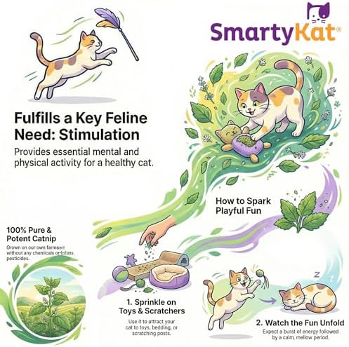 SmartyKat Natural Catnip Canister, 100% Natural Cat Nip for Cats, Premium Dried Catnip for Indoor Cats, Positive Training Aid for Play and Exercise, Resealable Shaker Bottle, 2 Ounces