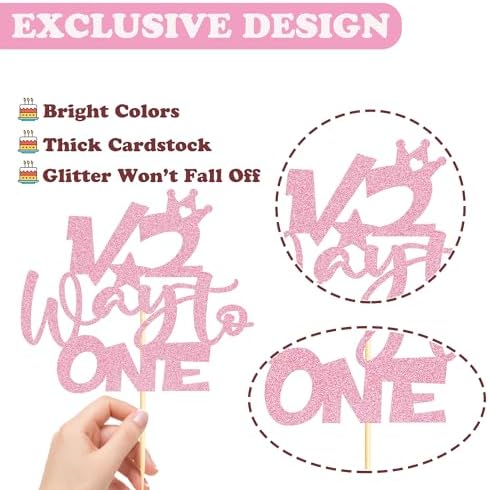 Sotpot 1 Pack Half Way To One Cake Topper Pink Glitter 1/2 Half Birthday Cake Decoration for Baby Half Year Old Birthday Party Gender Reveal Party Supplies