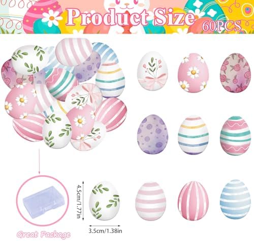 60PCS Edible Easter Eggs Cupcake Toppers Edible Spring Happy Easter Eggs Cupcake Picks Wafer Paper Easter Day Cake Toppers for Happy Easter Theme Spring Birthday Baby Shower Party Supplies