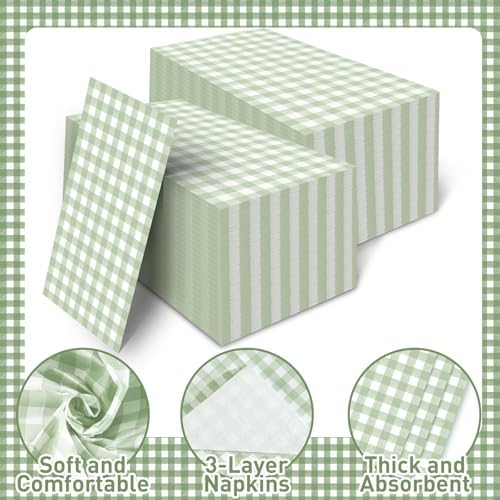 100 Pcs Sage Green Gingham Napkins Disposable - Sage Green and White Checkered Paper Napkins - Plaid Dinner Napkins for Picnic Birthday Wedding Bride Shower Party Supplies