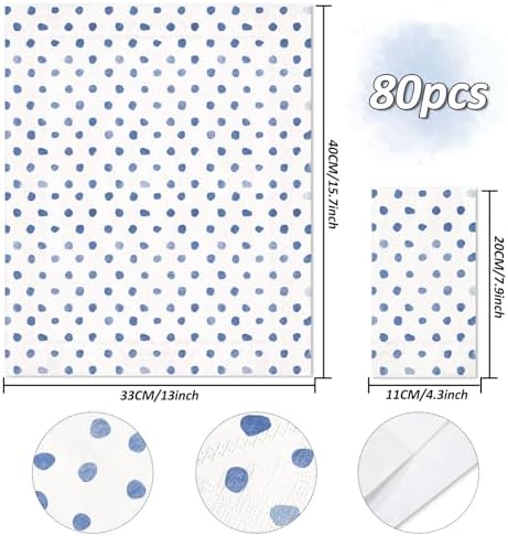 Whaline Polka Dots Guest Paper Napkins White Blue 3 Ply Disposable Napkins Dinner Hand Napkin Towel for Wedding Party Supplies Table Decor, 80Pcs