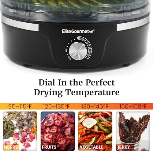 Elite Gourmet EFD319 Food Dehydrator, 5 BPA-Free 11.4" Trays Adjustable Temperature Controls, Jerky, Herbs, Fruit, Veggies, Dried Snacks, Black