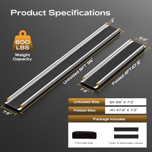 8FT Adjustable Wheelchair Ramp Telescoping Ramps for Wheelchairs Portable Wheelchair Ramps for Steps Home Threshold Doorways with Storage Bag 600 LBS Capacity Aluminum Ramps 96" L x 7.5" W (2 Pack)