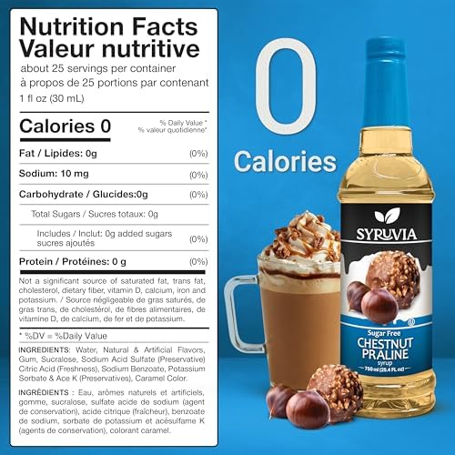 Syruvia Sugar Free Coffee Syrup, Chestnut Praline Flavored Syrup for Drinks, Lattes, and Desserts – 25.4 fl oz, With Pump