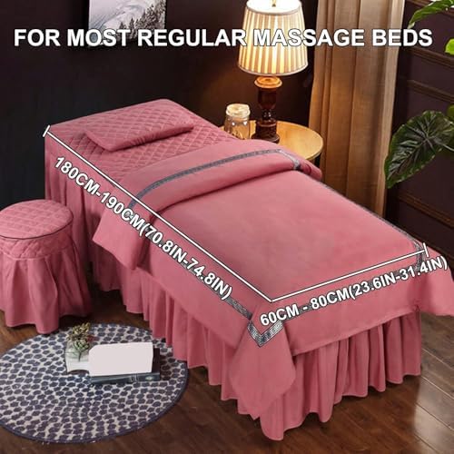 4-Piece Microfiber Massage Table Sheet Set Reusable Massage Bed Cover with Holes Full Bed Cover with Pillowcase Stool Cover Beauty Salon Bedspread&Skirt Spa Bed Skirt (Red,180x60cm(71x24 Inch))