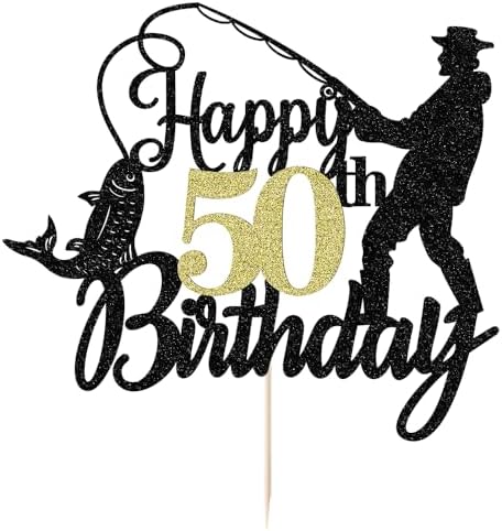Fishing Happy 50th Birthday Cake Topper - Man Fisherman Theme Cake Decor -Fisherman 50 Years Old Party Decorations,Cheers to 50 Years,Fishing Themed 50th Birthday Party Decorations