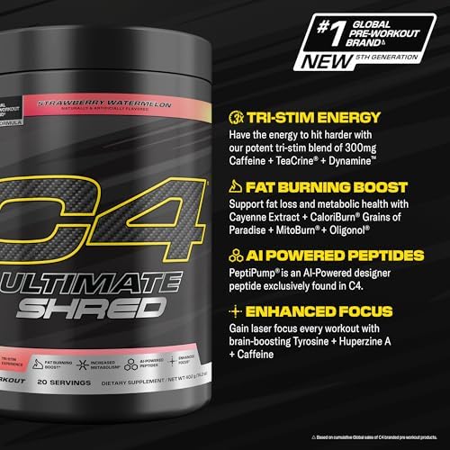 Cellucor C4 Ultimate Shred Pre Workout Powder, Fat Burner for Men & Women, Weight Loss Supplement with Ginger Root Extract, Strawberry Watermelon, 20 Servings, 12.3 Ounce (Pack of 1)