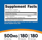 Nutricost Acetyl L-Carnitine (ALCAR) 500mg, 180 Capsules, 180 Servings - Non-GMO and Gluten Free, 1 Capsule per Serving