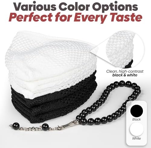 Kufi Hats for Men Crochet Taqiyah Breathable Stretch Skull Cap – 2 Pack Black & White Islamic Prayer Caps with 33 Beads Tasbih – Soft Cotton Beanie for Daily Salah & Worship