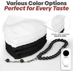 Kufi Hats for Men Crochet Taqiyah Breathable Stretch Skull Cap – 2 Pack Black & White Islamic Prayer Caps with 33 Beads Tasbih – Soft Cotton Beanie for Daily Salah & Worship