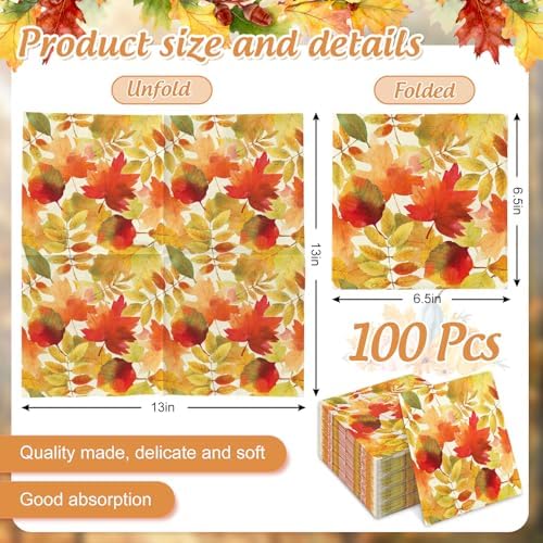 JarThenaAMCS 100 Pcs Fall Leaves Paper Napkins Autumn Maple Leaf Disposable Napkins Watercolor Luncheon Dinner Napkin for Thanksgiving Wedding Birthday Party Table Supplies