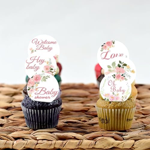 30Pcs Edible Baby Shower Cupcake Toppers Supplies Picks Wafer Paper Floral Theme Gender Reveal Cupcakes Cake Decorations Boy Girl Birthday Party Cake Decorations