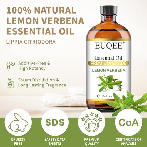 EUQEE Lemon Verbena Essential Oil 118ml - Pure & Natural Citrus Scent Oil for Diffuser, Skincare, Morning Rituals & Aromatherapy, Large Bottle with Dropper