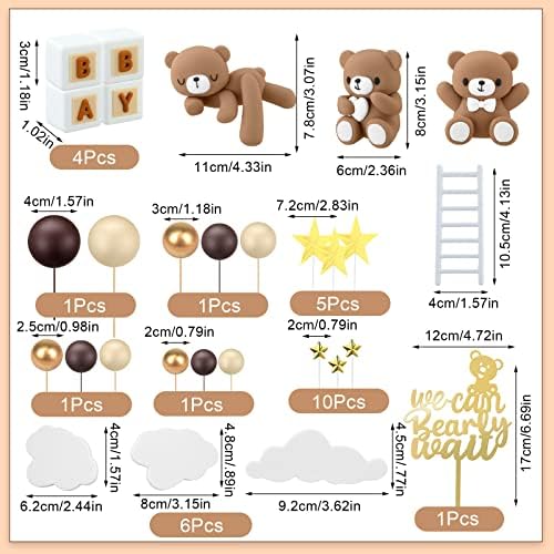 Yinder Bear Cake Toppers Mini Bear Cake Decorations Cake Toppers Gold White Pearl Ball for Birthday Party Decorations(Dark Brown,Cute Style)