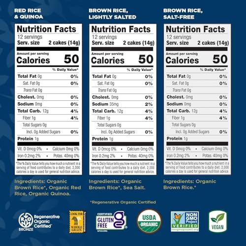Lundberg Thin Brown Rice Cakes Variety 3-Pack – Regenerative Organic Certified Lightly Salted, Salt-Free, and Red Rice & Quinoa, Healthy Snacks, 6 Oz Ea