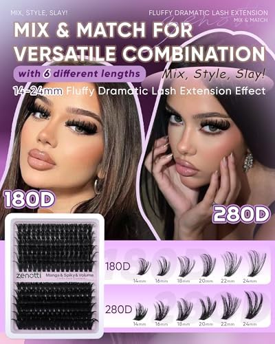 Fluffy Lash Clusters with Spikes 180D+280D Thick Spiky Cluster Eyelash Extensions 14-24MM Long Lash Clusters Wispy Individual Lashes Manga Eyelashes Extension at Home by zenotti