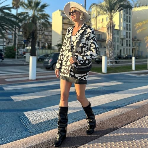Fold Over Boots Women's Knee High Shark Boots Round Toe Wedge Heel Flat Shoes for Fall Winter Dress Shoes