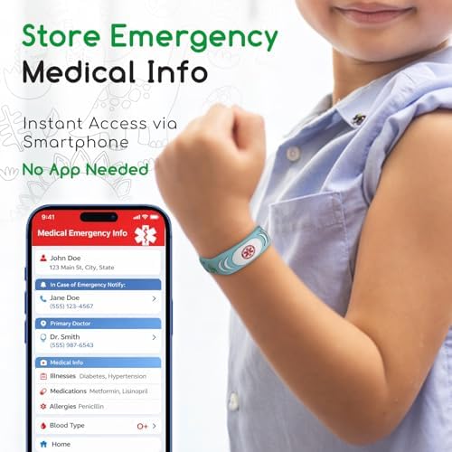 DinoBand Emergency Medical Info Wristband with Instant Parent Notifications for Children Kids Medical ID and Contact Information Adjustable Silicone Bracelet